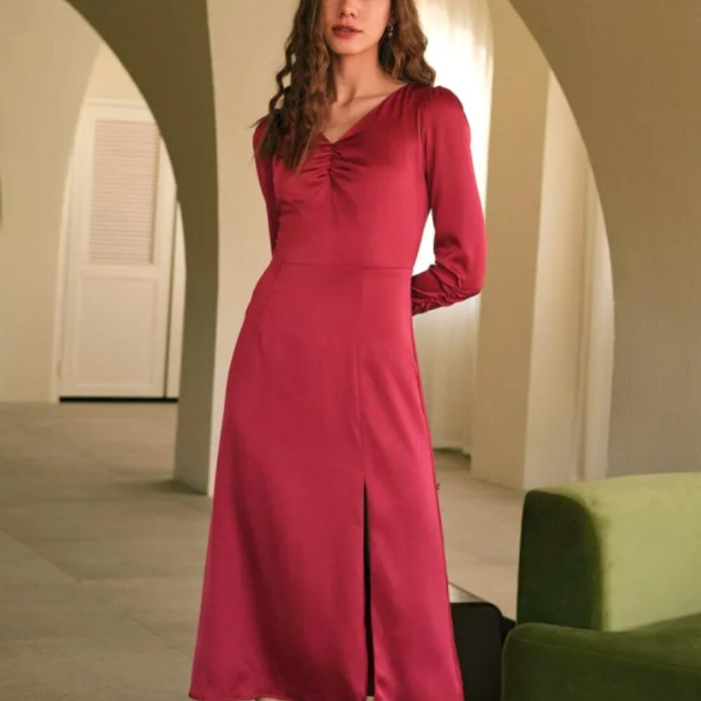 RIHOAS - The Solid V Neck Slit Midi Dress - XS